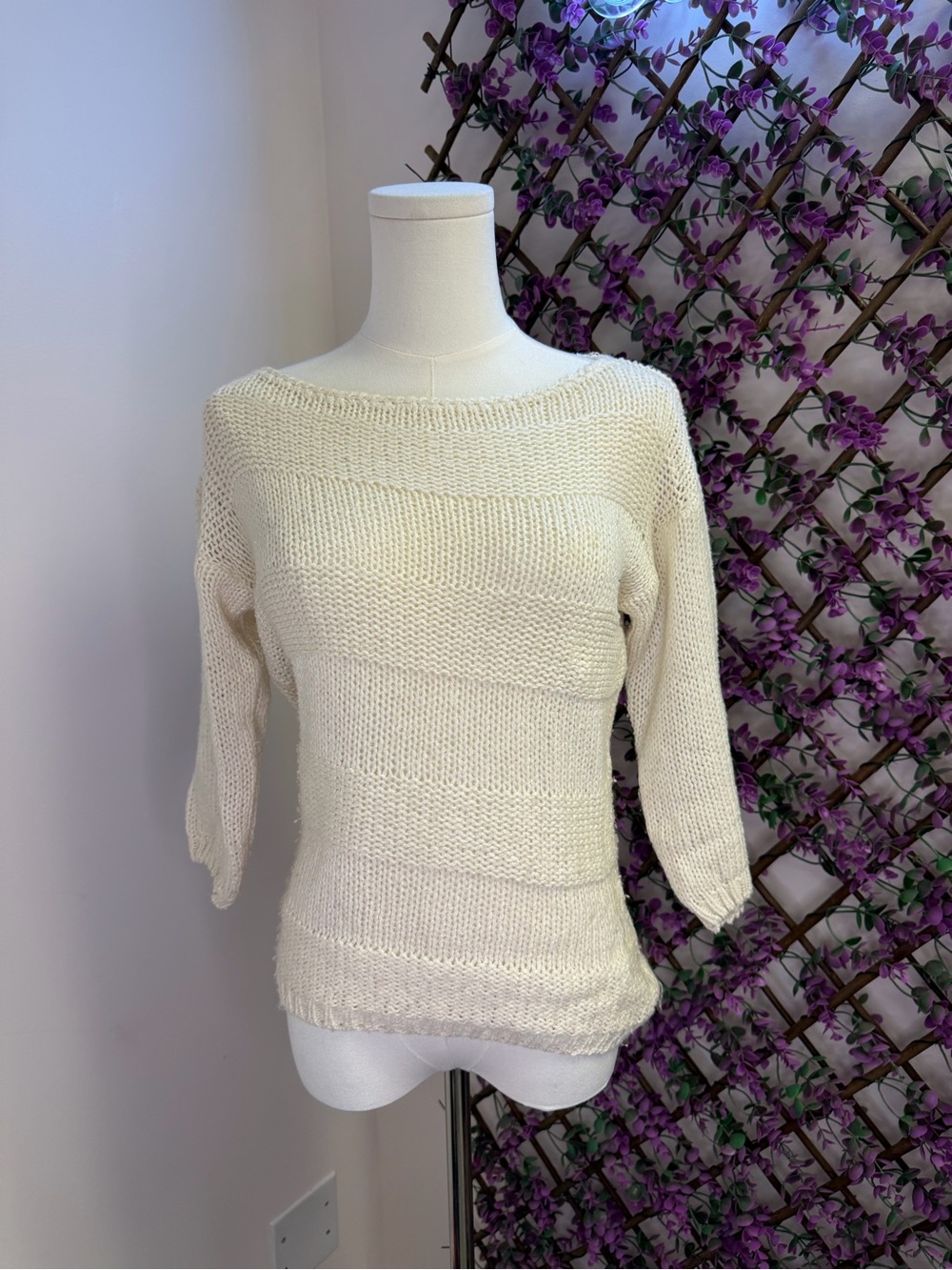 Silk Blend Vintage Cream Knit Boatneck Sweater - Women's Lightweight Pullover